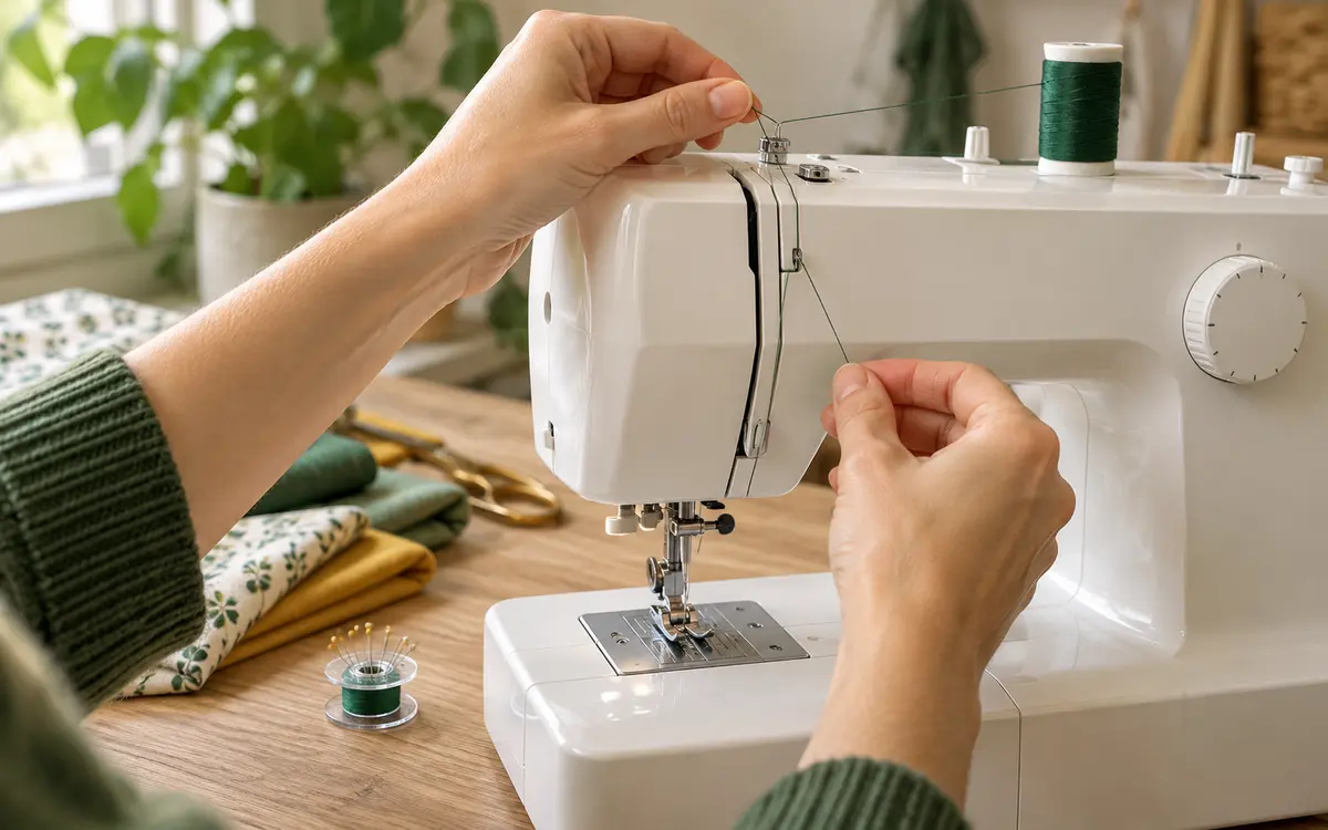 Mani che seguono il percorso del filo su una macchina da cucire domestica